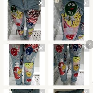 Coke Cola n M & M patch Blue Skinny Jean's, colorful FUN Small SZ A Condition